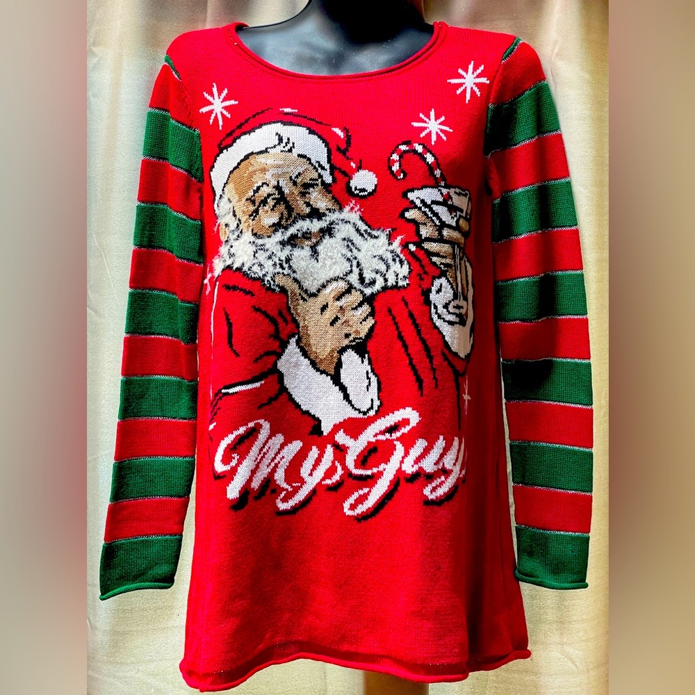 UGLY CHRISTMAS SWEATER My Guy Santa thumbs up drinking a Martini Candy Cane